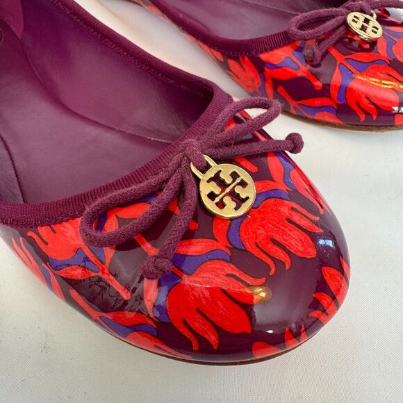 Tory Burch Purple and Red Patent Leather Floral Ballerina Flats Size 8.5 - Picture 3 of 7